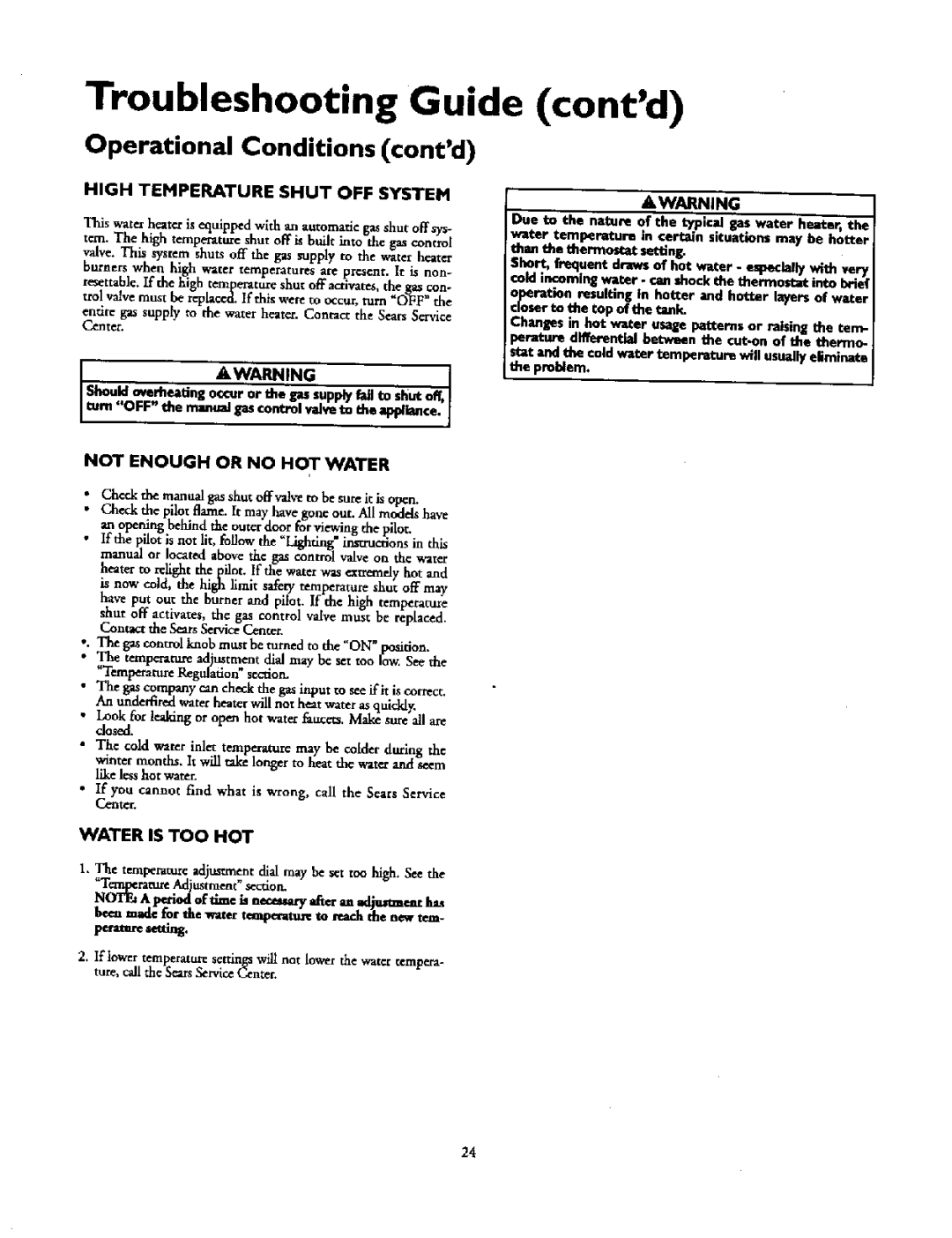 Kenmore 153.336512, 153.336251 Troubleshooting Guide contd, Operational Conditions contd, High Temperature Shut OFF System 