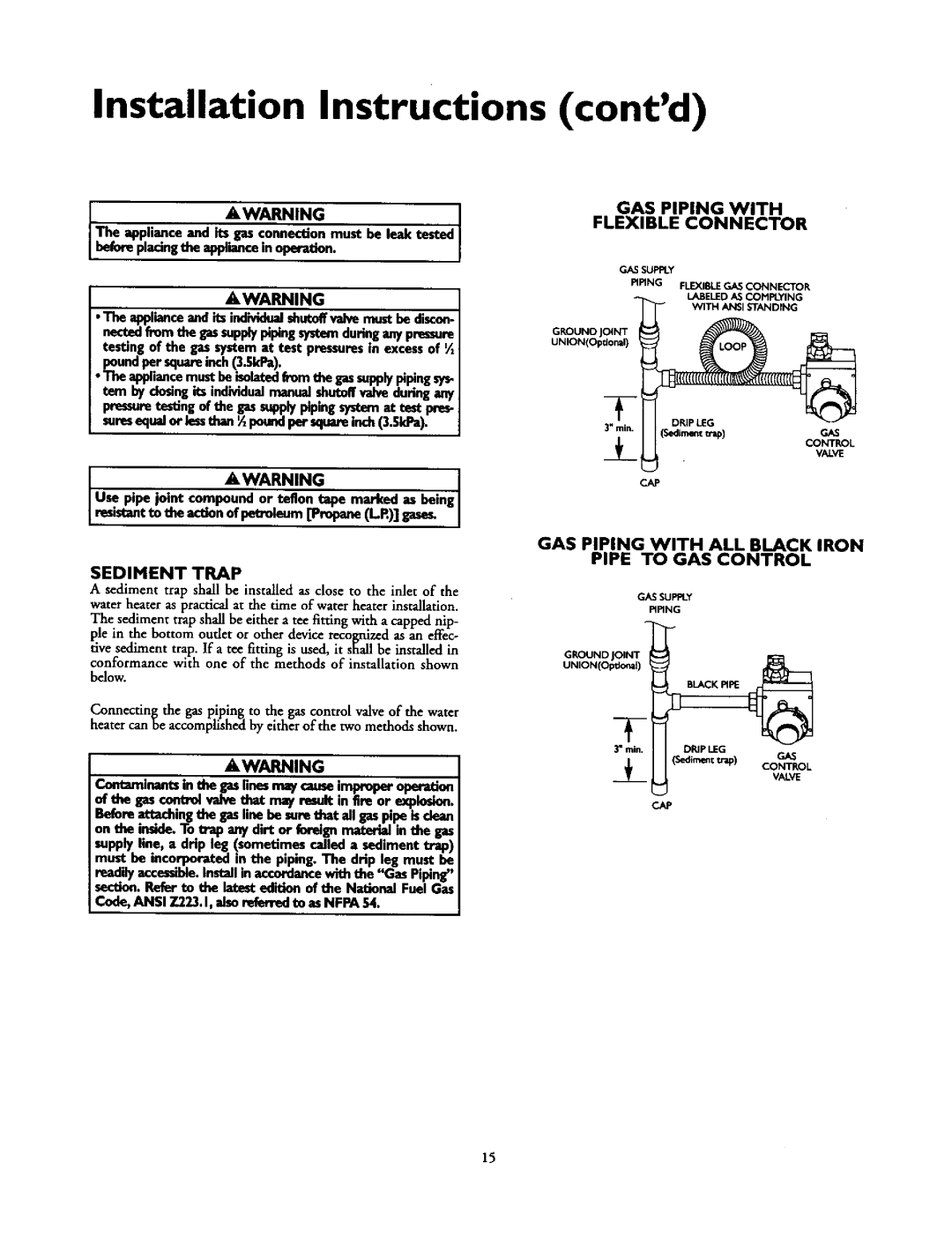 Kenmore 153.336351 Installation Instructions, contd, Awarning, Gas Piping With Flexible Connector, AWARNING1, h, WARNING 