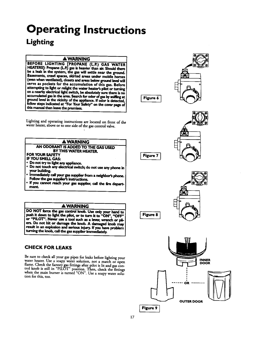 Kenmore 153.336951 Operating Instructions, Lighting, Oonottry to liShtanyap nce, Awarning, Check For Leaks, r =uit in an 
