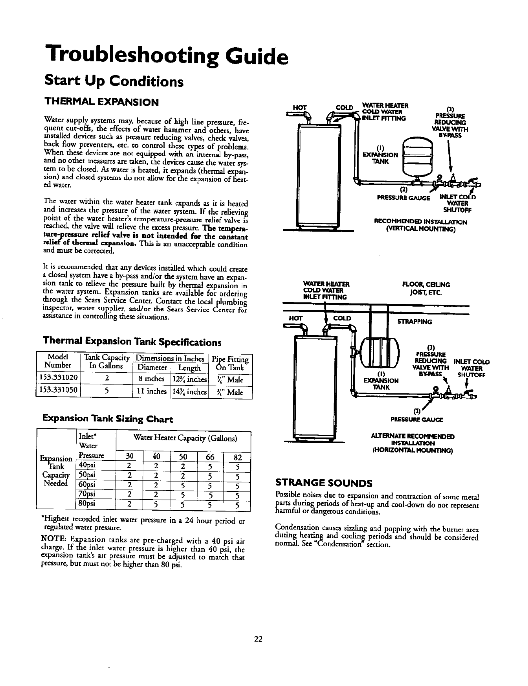 Kenmore 153.336751 Troubleshooting Guide, Start Up Conditions, Thermal Expansion, COlDW ,TIR, Expansion Tank Sizing, Chart 