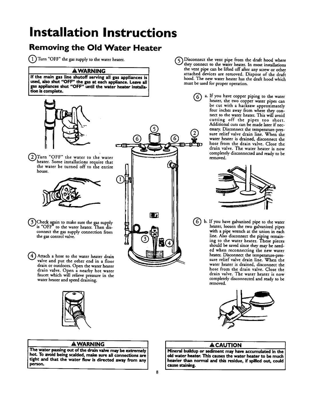 Kenmore 153.336412, 153.336251, 153.336312, 153.336351 Installation Instructions, Removing the Old Water Heater, A Caution 