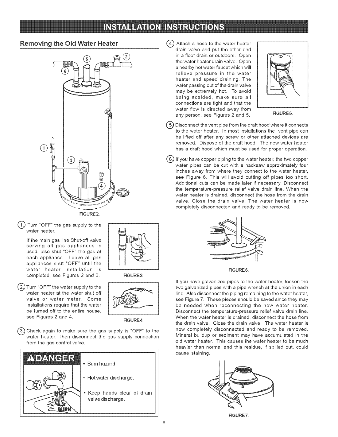 Kenmore 153.336262 Removing Od Water Heater, Keep hands clear of drain valve discharge, Burn hazard Hotwater discharge 