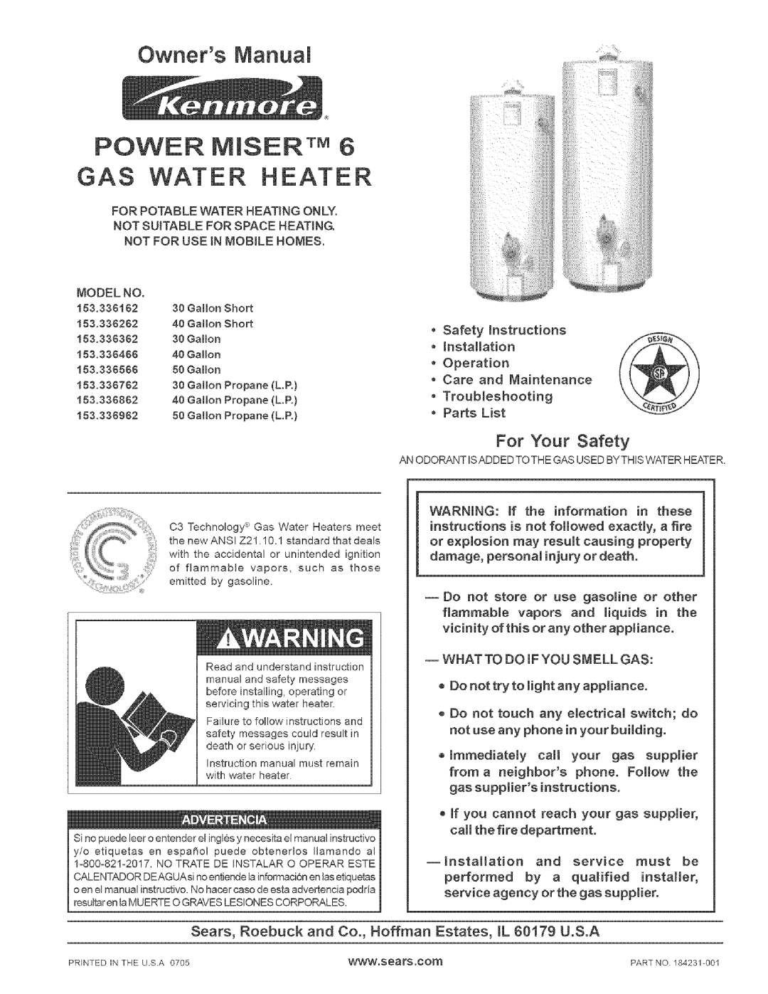 Kenmore 153336762, 153.336262, 153336566 owner manual For Your Safety, POWER MISERTM 6 GAS WATER HEATER, Owners Manual 
