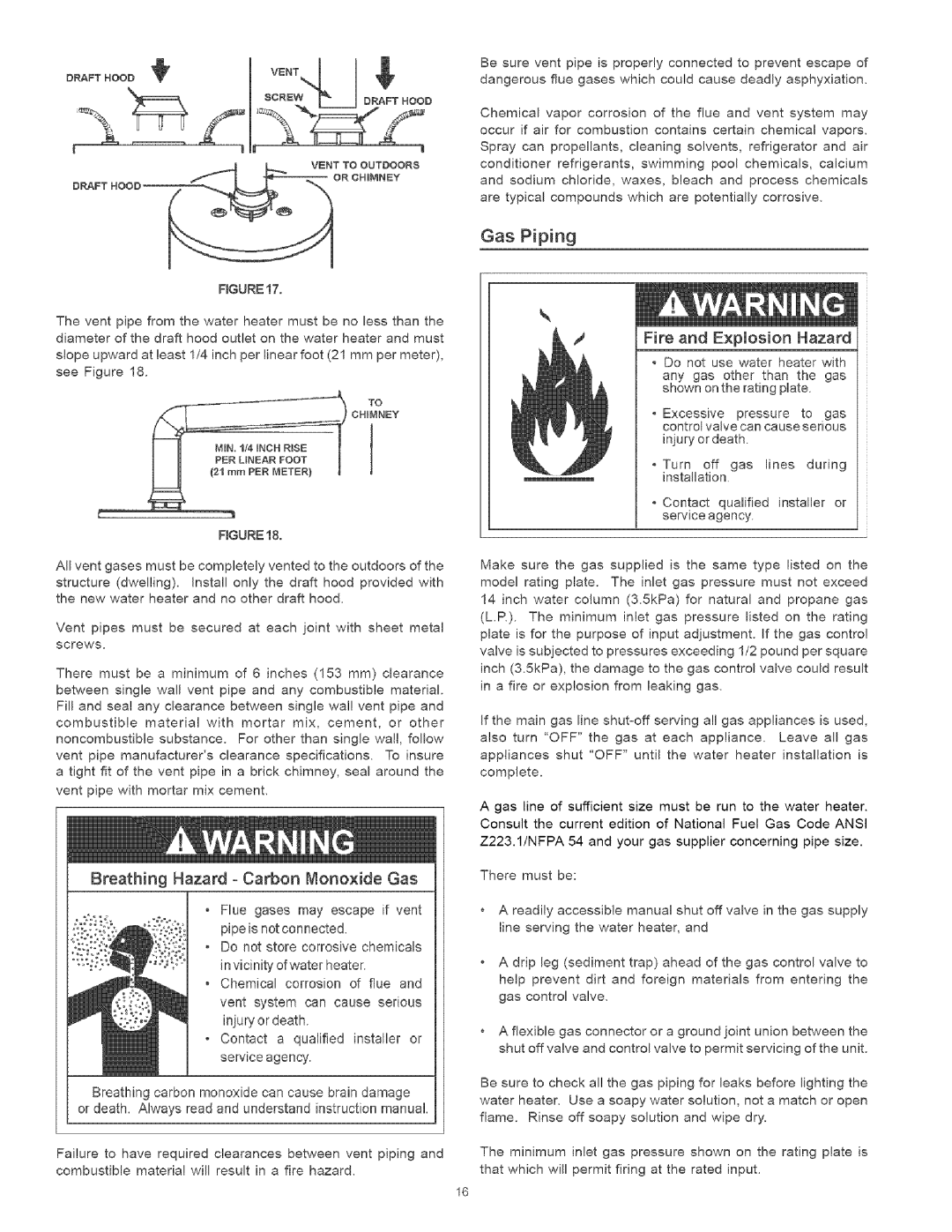 Kenmore 153.336262 Gas Piping, Fire and Expmosion Hazard, Do not store corrosive chemicals, in vicinity of water heater 