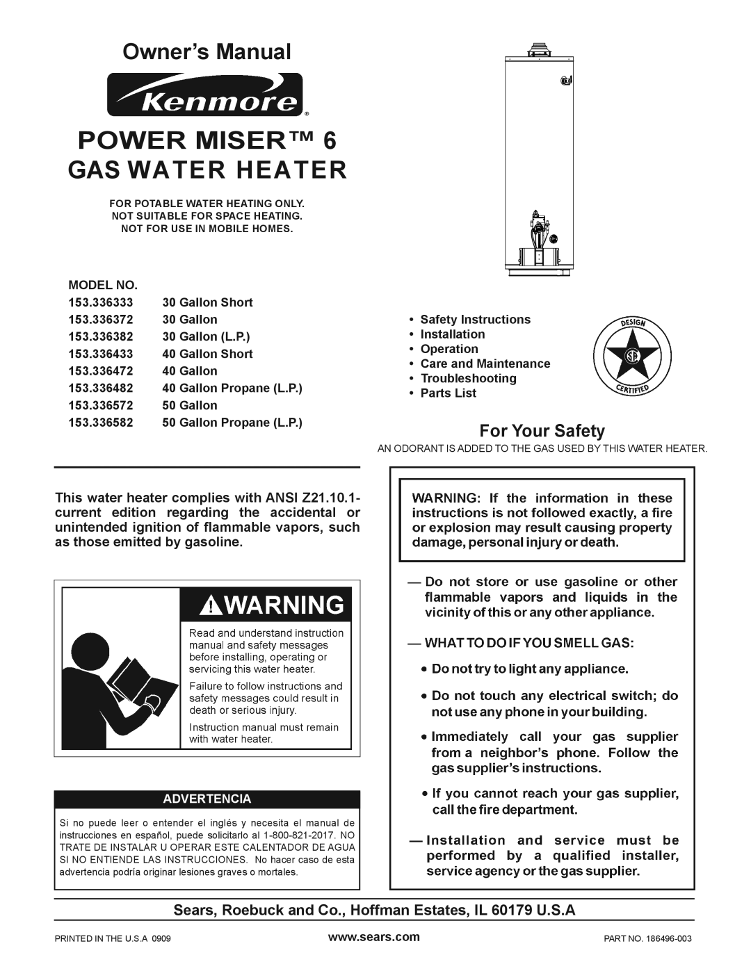 Kenmore 153.336333 owner manual Power Miser GAS Water Heater, Sears, Roebuck and Co., Hoffman Estates, IL 60179 U.S.A 