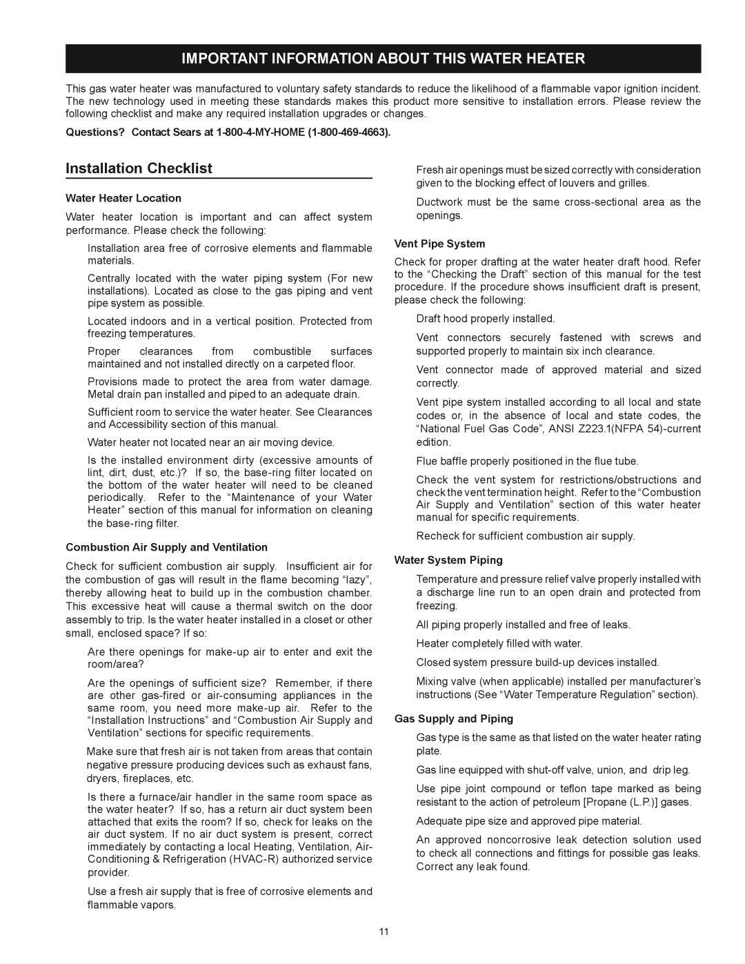 Kenmore 153.336482, 153.336372, 153.336333, 153.336382 Important Information about this Water Heater, Installation Checklist 