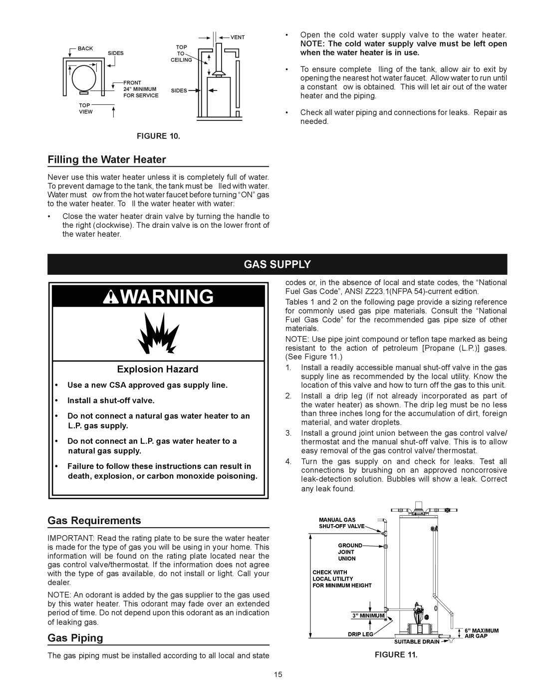 Kenmore 153.336472, 153.336372, 153.336333, 153.336382 Filling the Water Heater, GAS Supply, Gas Requirements, Gas Piping 