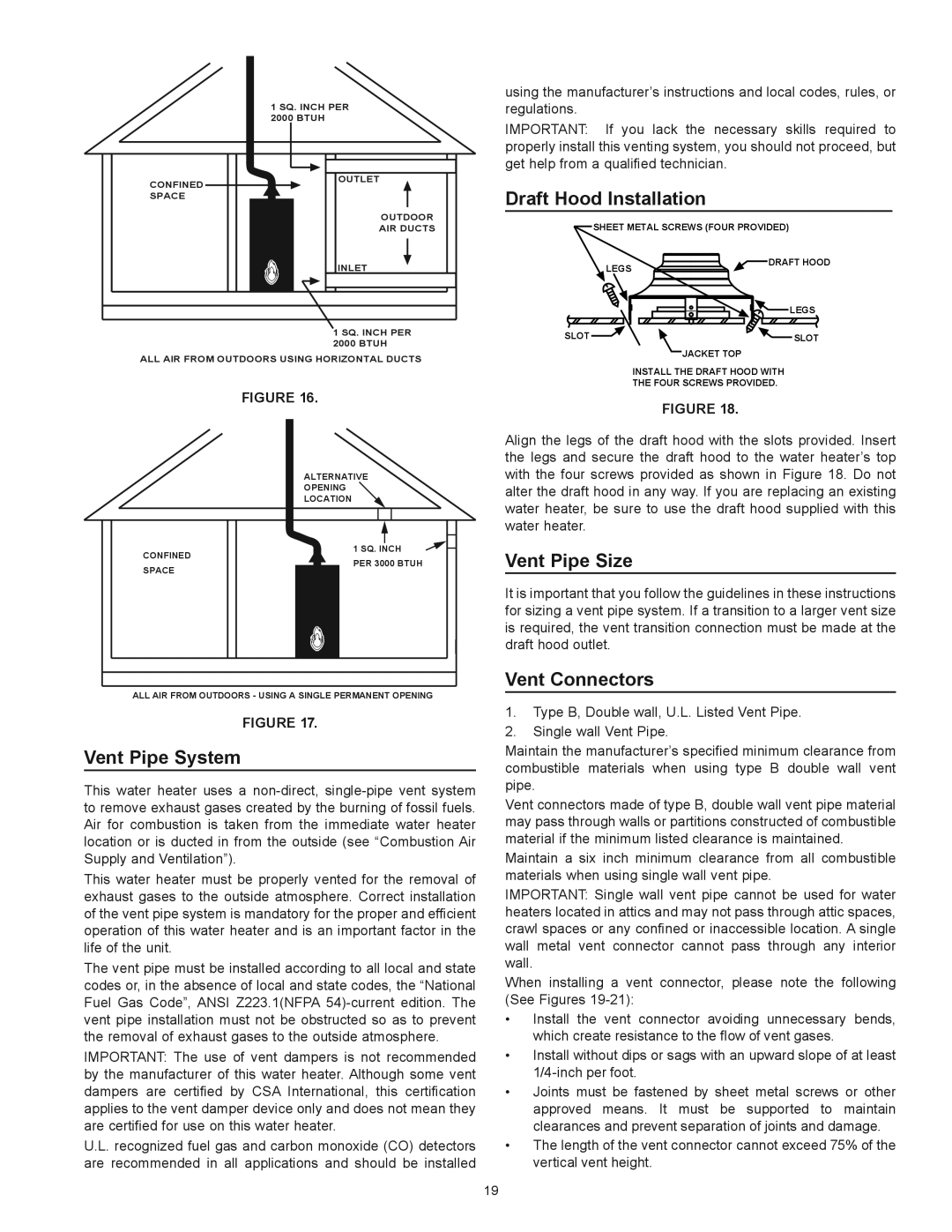 Kenmore 153.336333, 153.336372, 153.336382 Draft Hood Installation, Vent Pipe System, Vent Pipe Size, Vent Connectors 