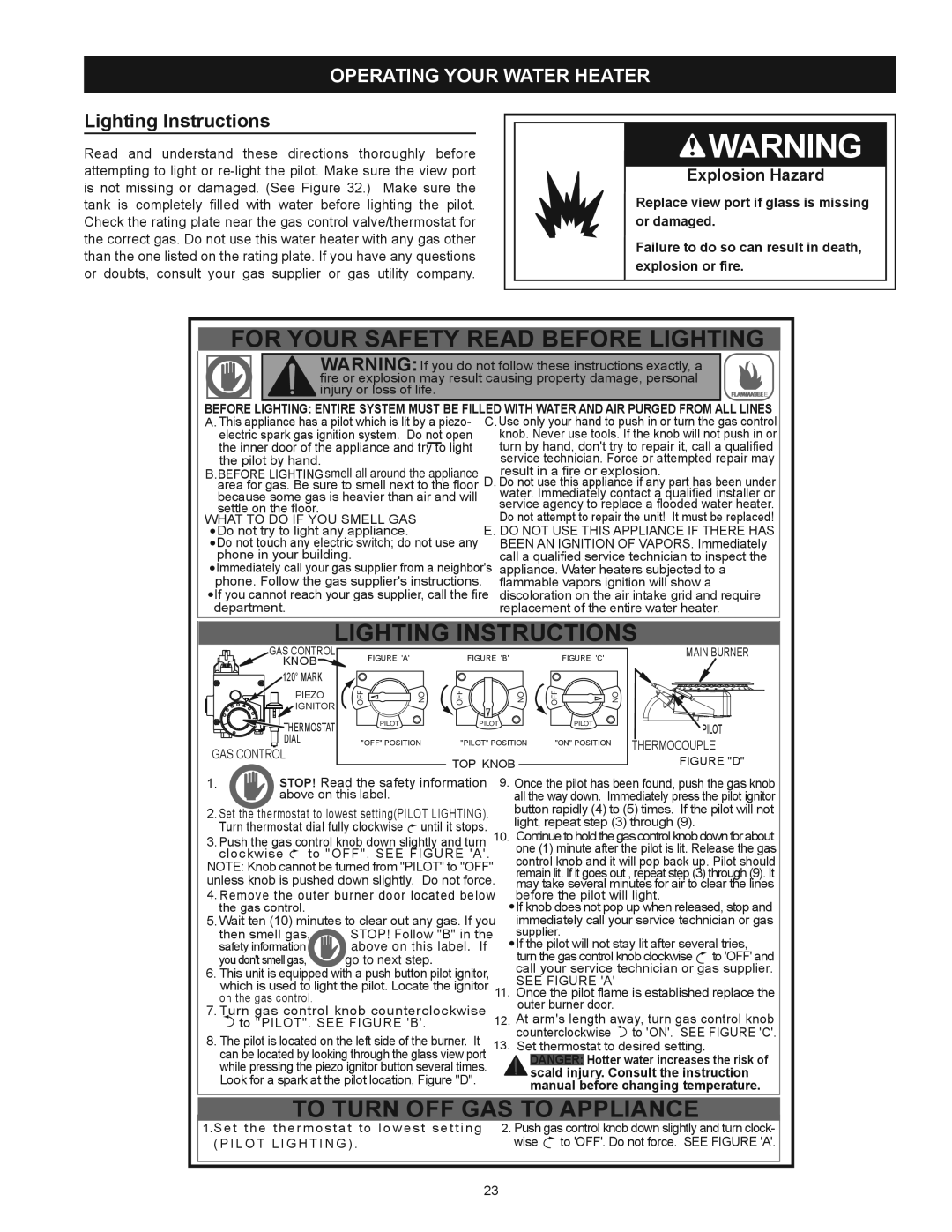 Kenmore 153.336482, 153.336372, 153.336333, 153.336382, 153.336472 Operating Your Water Heater, Lighting Instructions 