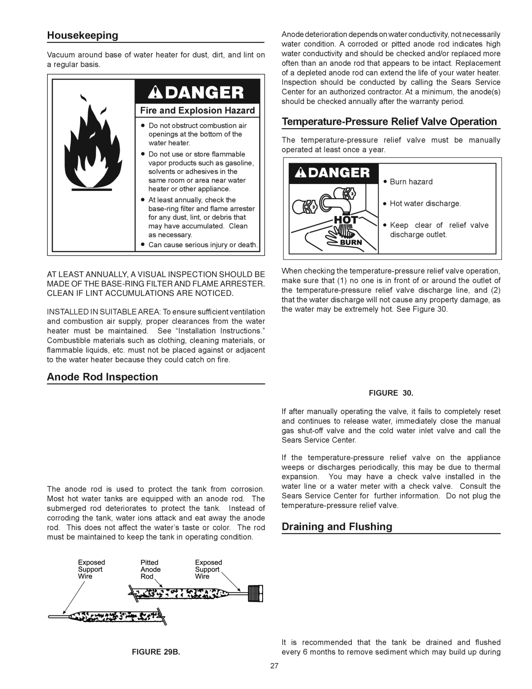 Kenmore 153.336472 Housekeeping, Anode Rod Inspection, Temperature-Pressure Relief Valve Operation, Draining and Flushing 