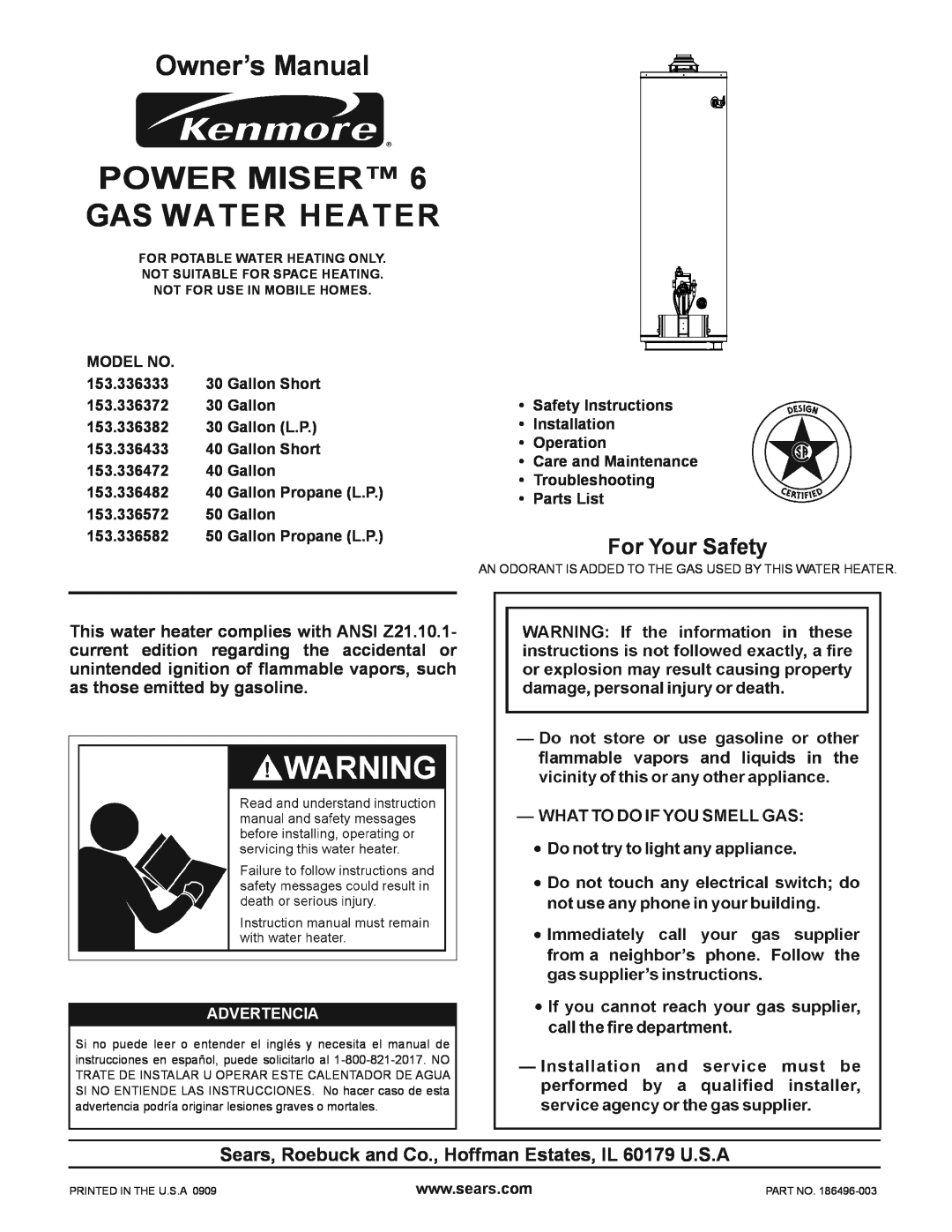 Kenmore 153.336333, 153.336372, 153.336382 owner manual Power Miser Gas Water Heater, For Your Safety, Advertencia 