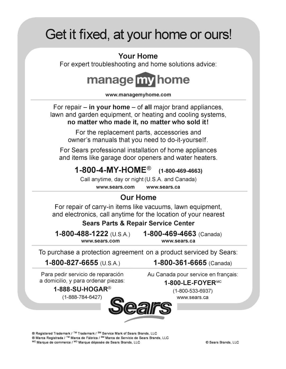Kenmore 153.336382 Get it fixed, at your home or ours, Your Home, Our Home, Sears Parts & Repair Service Center, Su-Hogar 