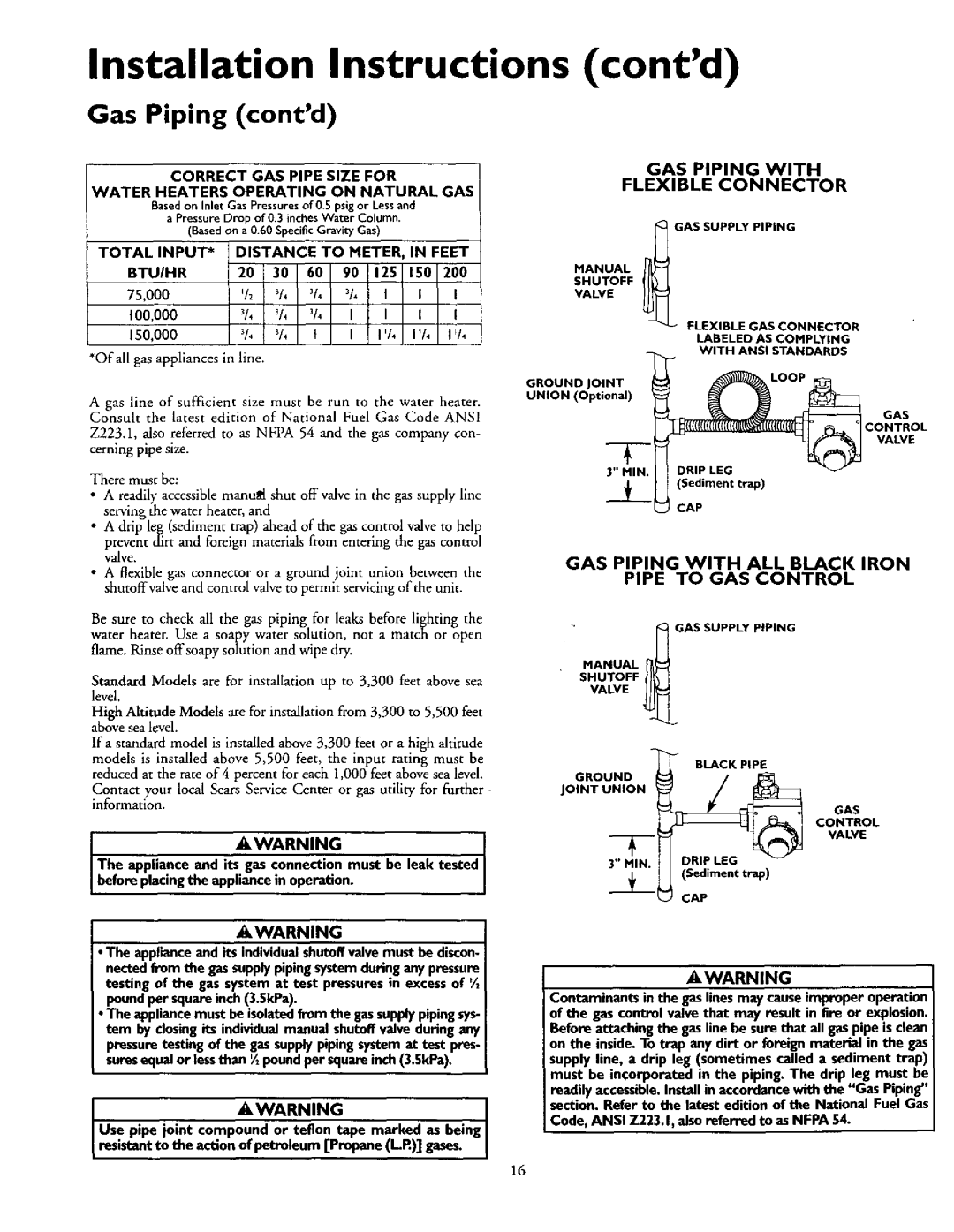 Kenmore 153.337072, 153.337002 owner manual Contd, Gas Piping contd, GAS Piping with 