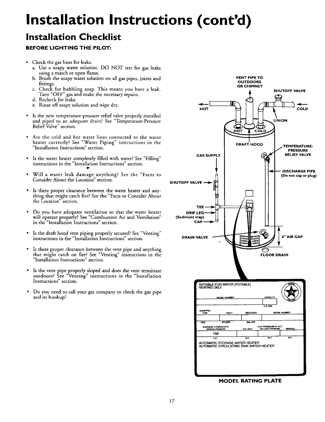 Kenmore 153.337002, 153.337072 owner manual Installation Checklist, Before Lighting the Pilot, Model Rating Plate 