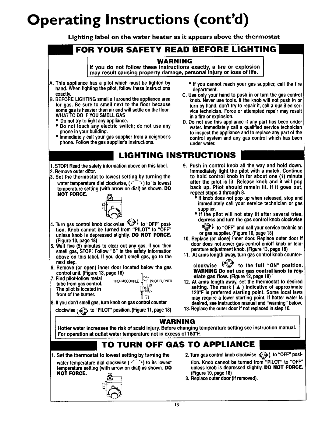 Kenmore 153.337002, 153.337072 owner manual Operating Instructions contd, Whattodoif Yousmellgas, Not Force, Pilotburner 