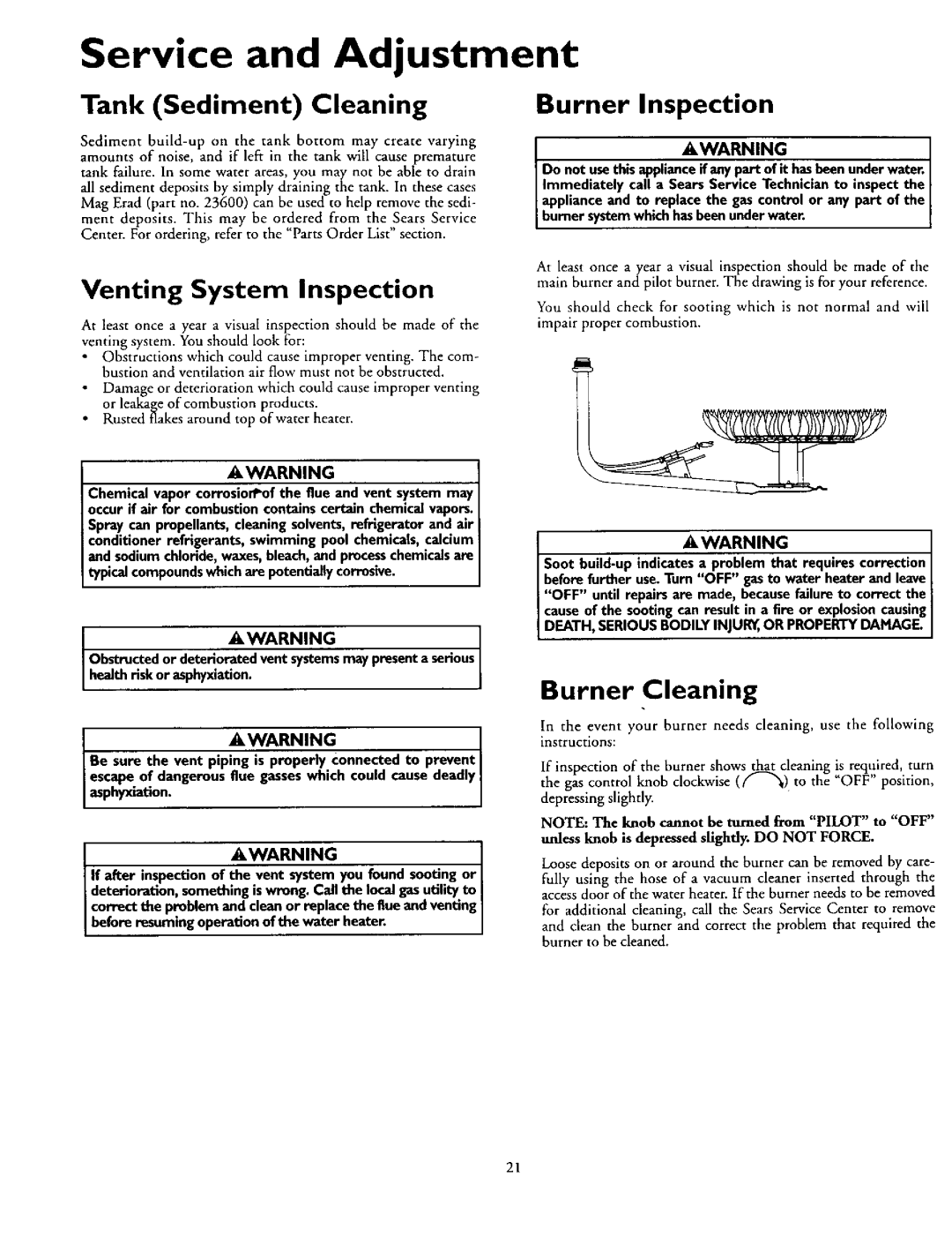 Kenmore 153.337002 Service and Adjustment, Tank Sediment Cleaning, Venting System Inspection, Burner Inspection 