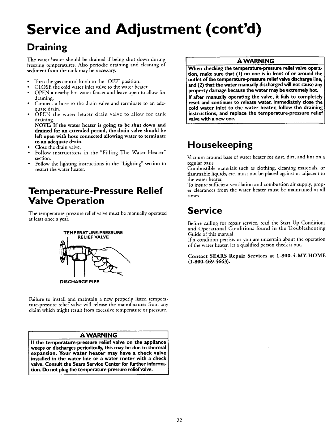 Kenmore 153.337072, 153.337002 owner manual Service and Adjustment contd, Draining, Housekeeping 