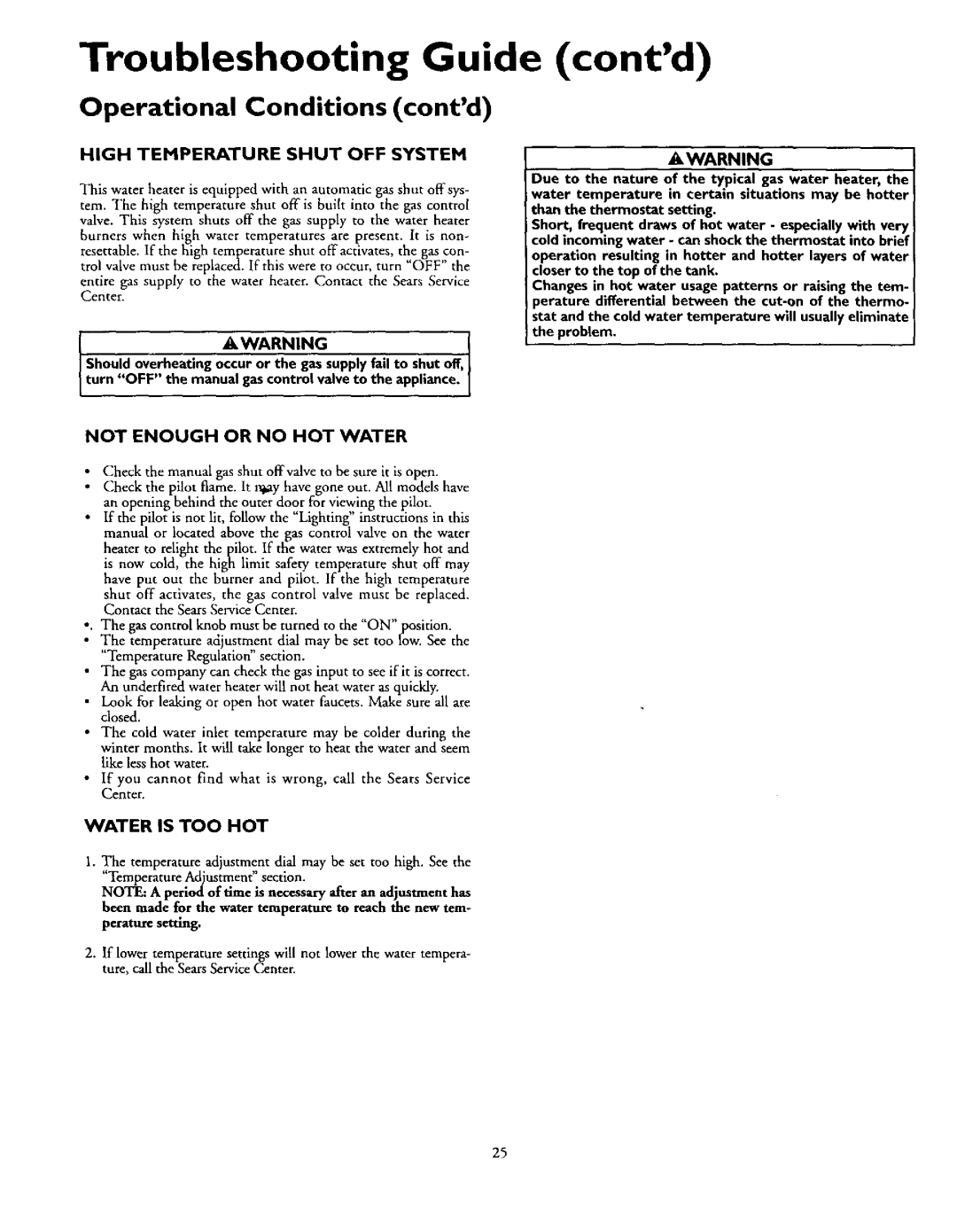 Kenmore 153.337002, 153.337072 owner manual High Temperature Shut OFF System, Not Enough or no HOT Water, Water is TOO HOT 