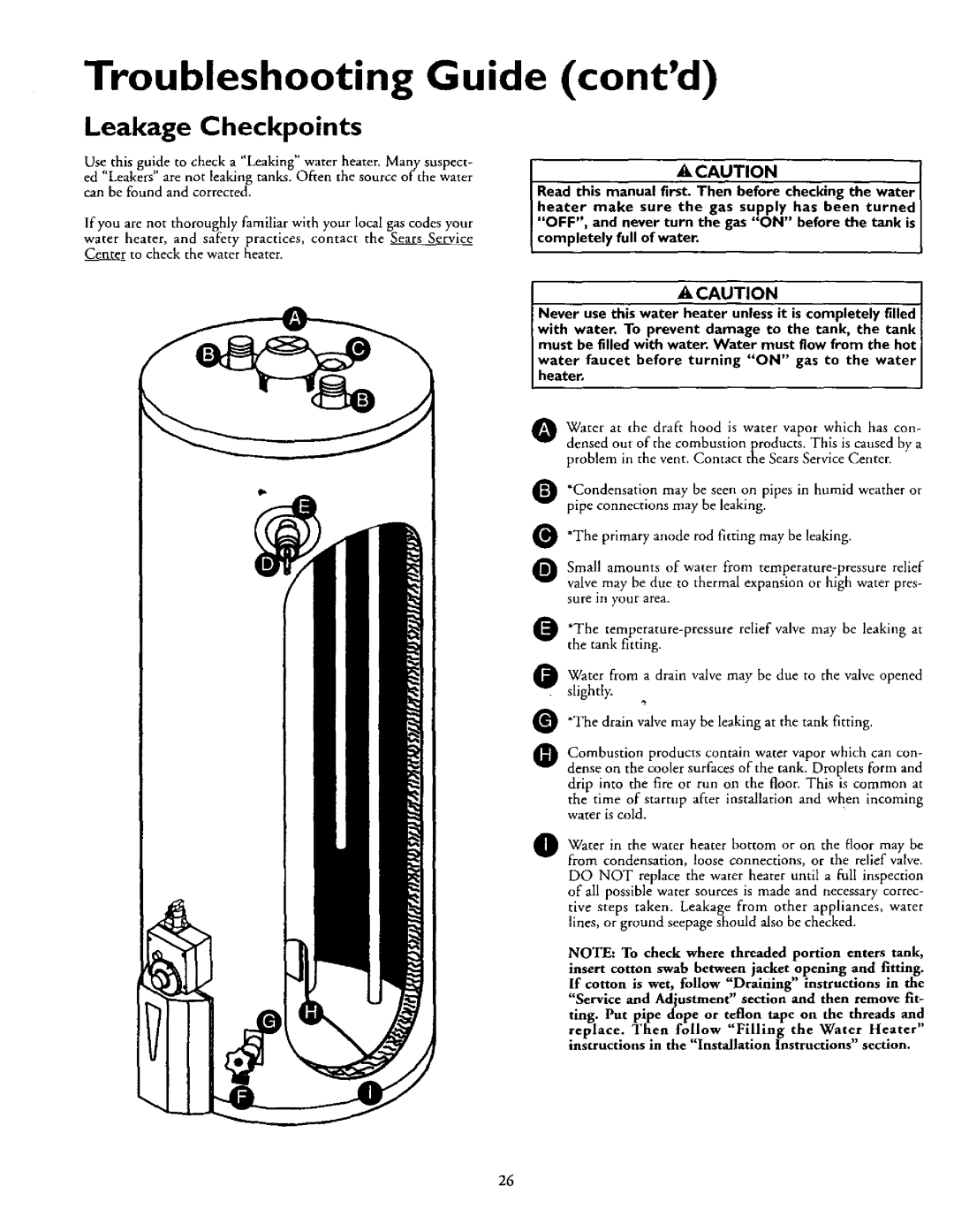 Kenmore 153.337072, 153.337002 owner manual Leakage Checkpoints, Primary anode rod fitting may be leaking 