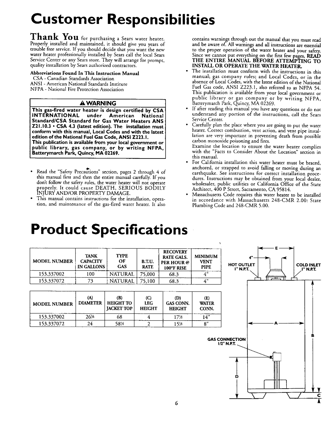 Kenmore 153.337072, 153.337002 owner manual Customer Responsibilities, Specifications 