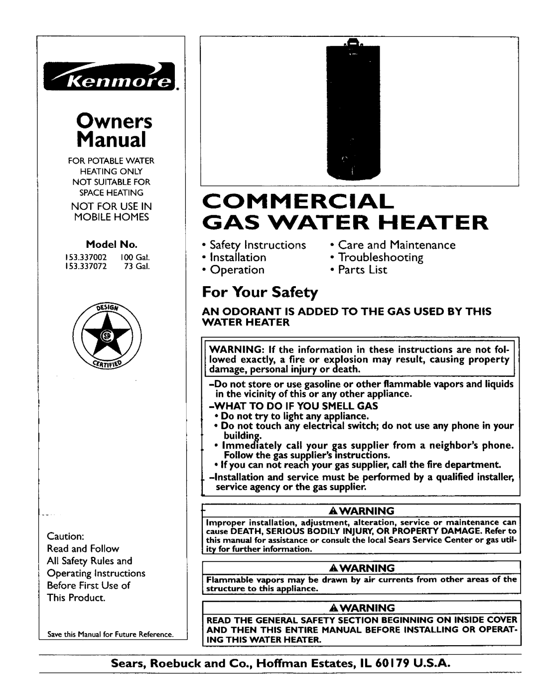 Kenmore 153.337002 owner manual For Your Safety, Read and Follow All Safety Rules and, This Product, Water Heater, Owners 