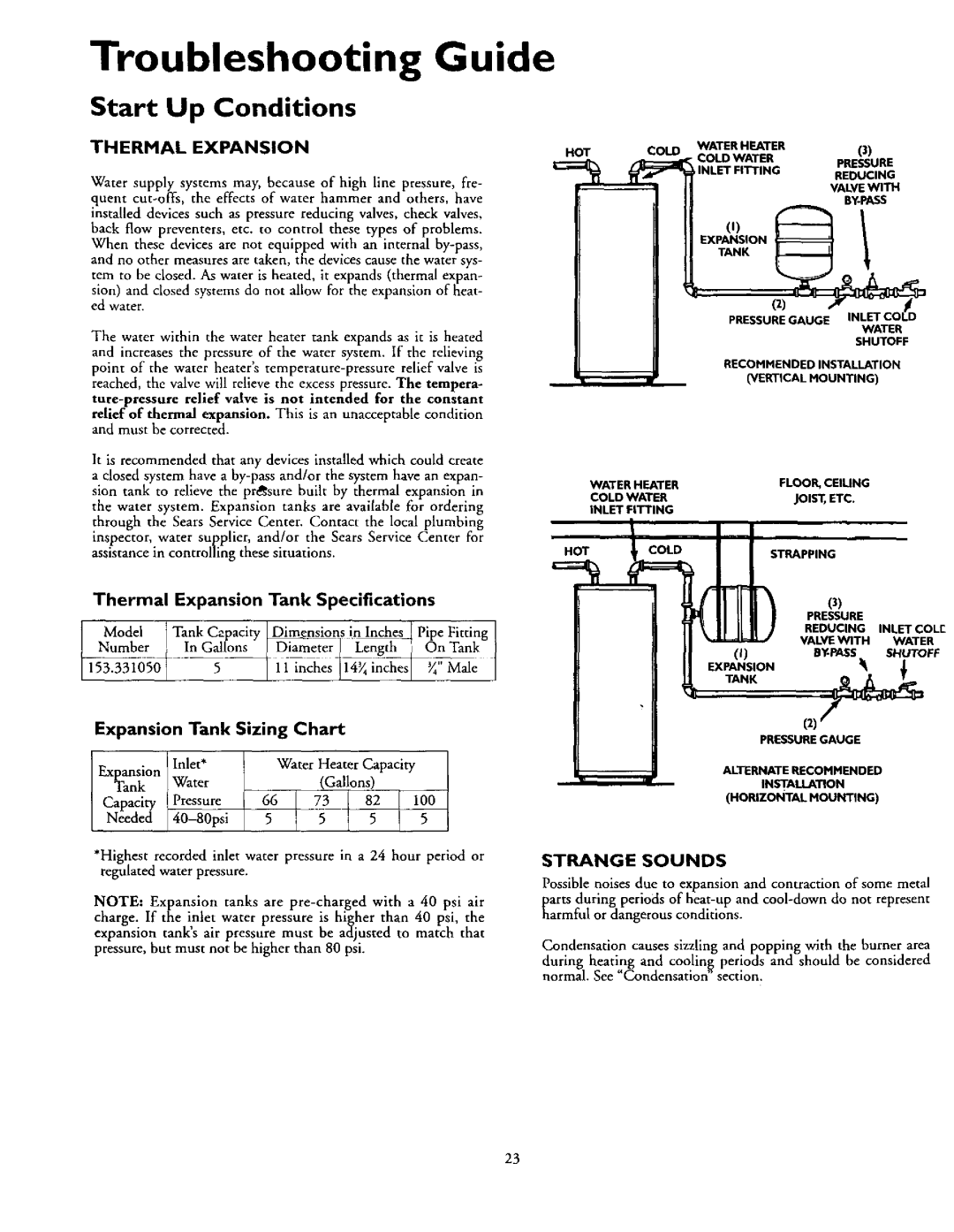 Kenmore 153.337002 Troubleshooting Guide, Start Up Conditions, Thermal Expansion Tank Specifications, Sizing Chart 