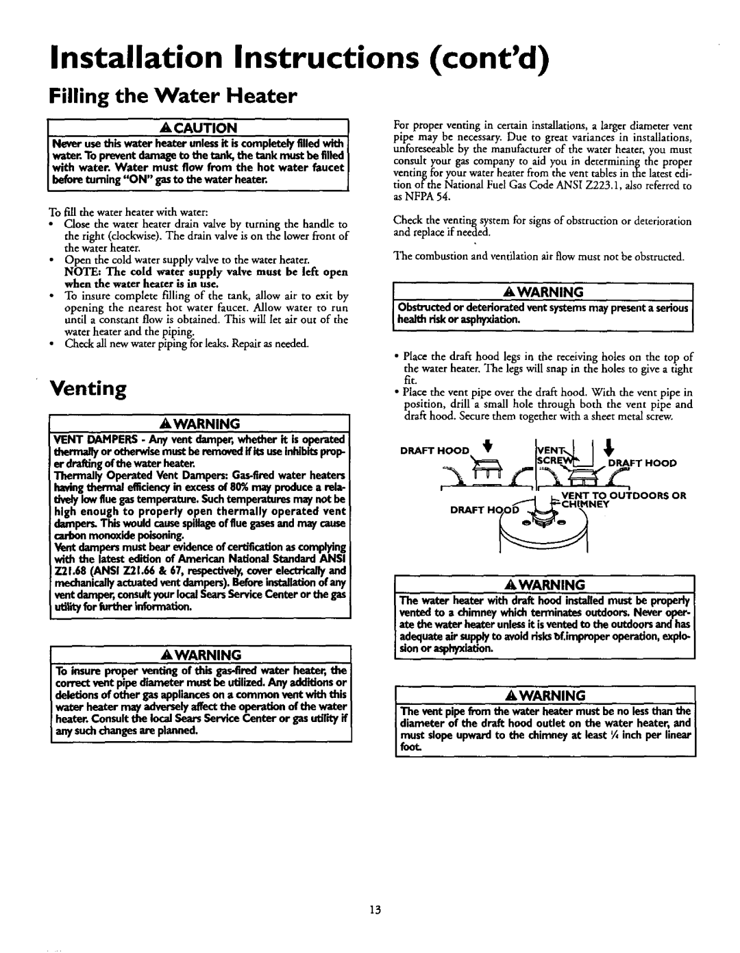 Kenmore 153.337614, 153.337863, 153.337963 Filling the Water Heater, Venting, IAWARNING1, Healthrisk or asphyxiation 