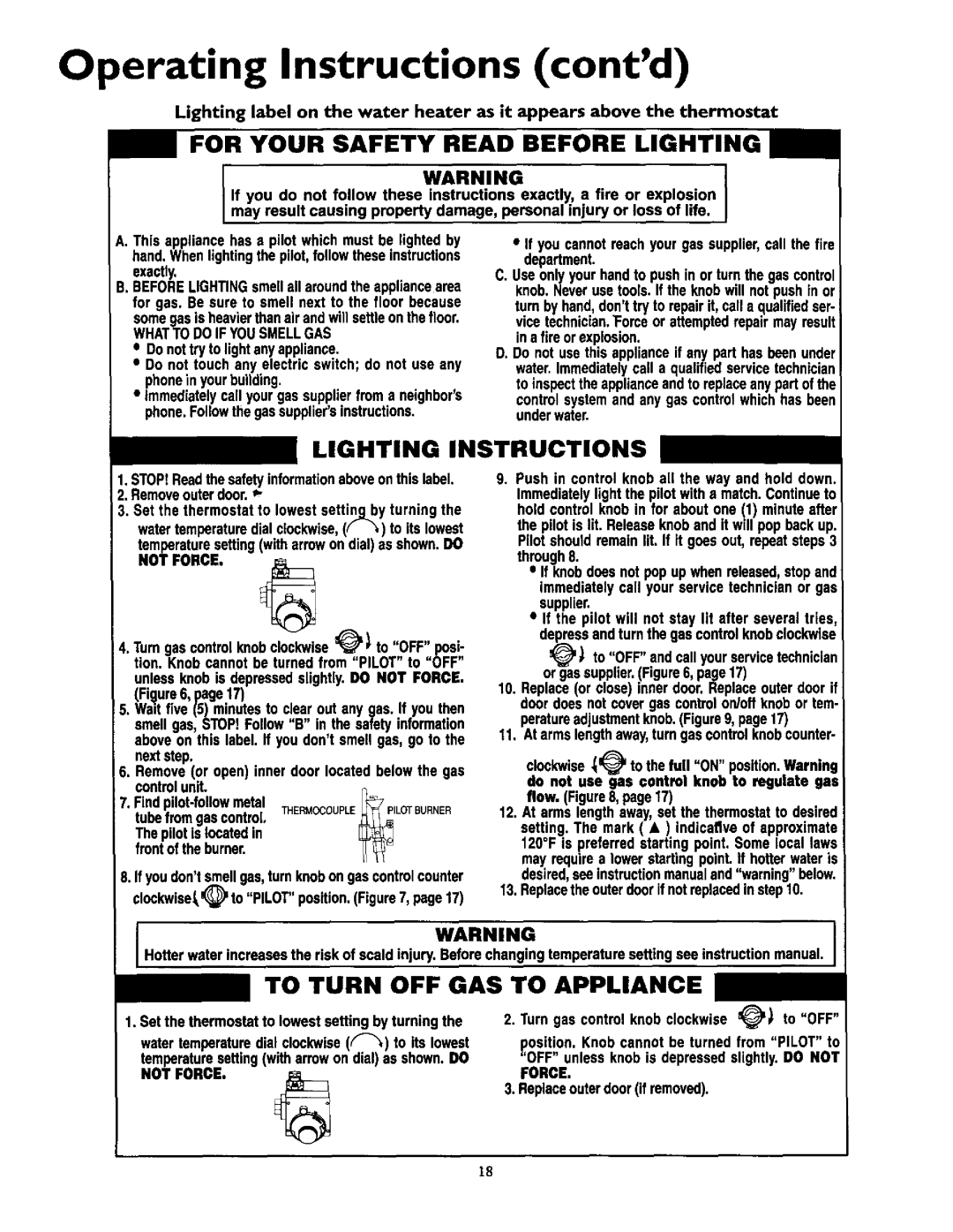 Kenmore 153.337414, 153.337863, 153.337963 Operating Instructions contd, Set the thermostatto lowest setting by turning 