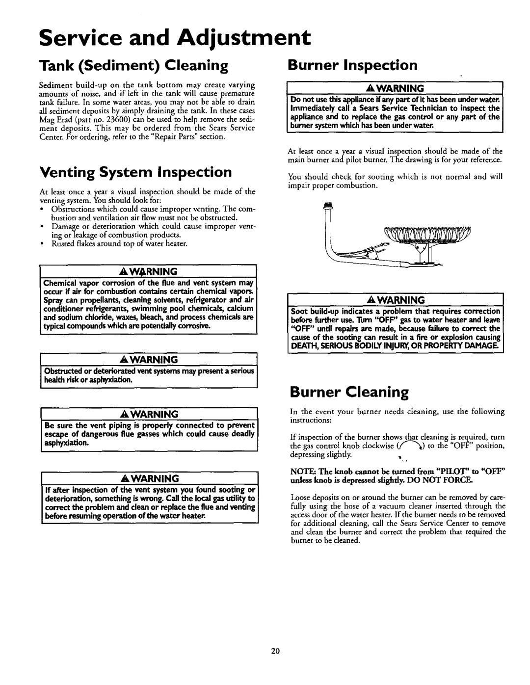 Kenmore 153.337763, 153.337863 Service and Adjustment, Burner Cleaning, Tank Sediment Cleaning, Venting System Inspection 