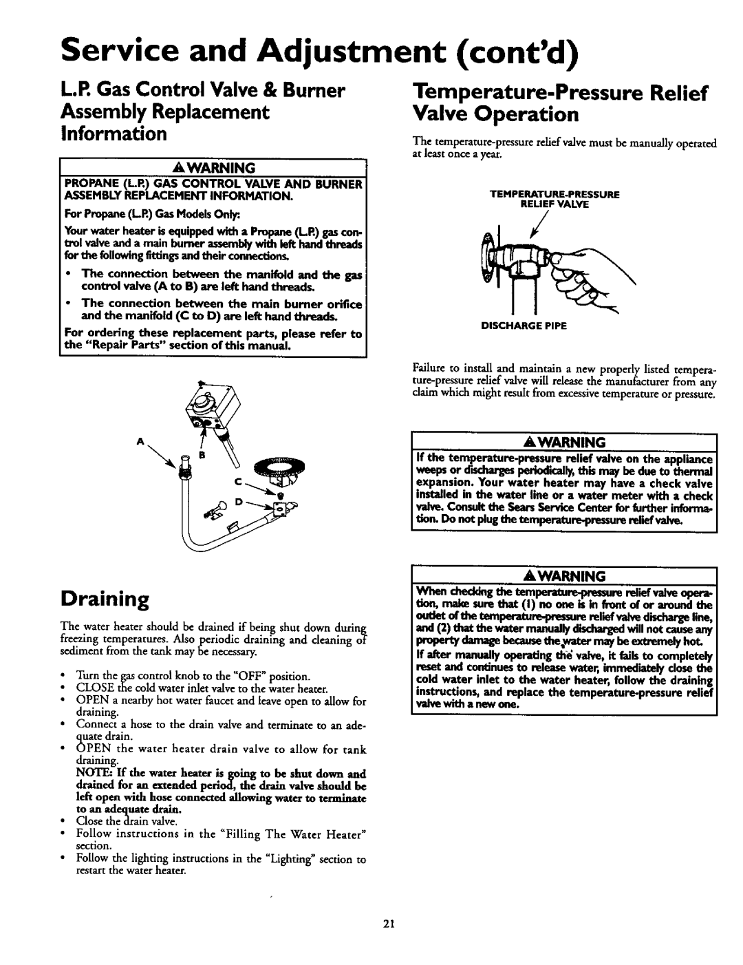 Kenmore 153.337214 Service and Adjustment contd, Gas Control Valve & Burner, Assembly Replacement, Information, Draining 