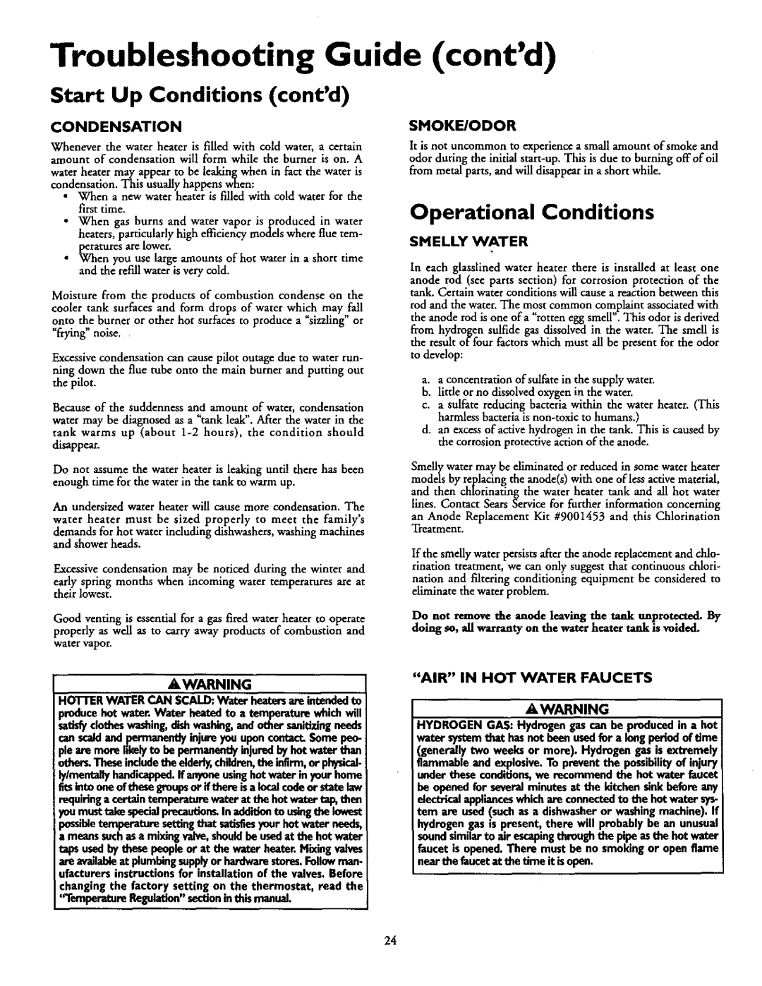 Kenmore 153.337663, 153.337863 Start Up Conditions contd, Condensation, Smoke/Odor, Smelly Water, AIR in HOT Water Faucets 