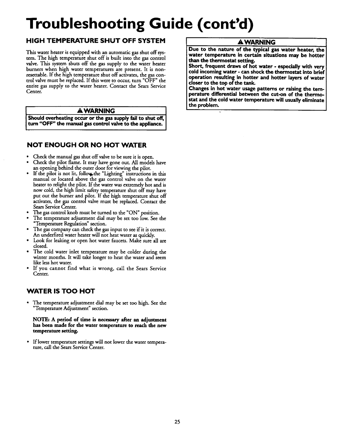 Kenmore 153.337163, 153.337863 Troubleshooting Guide contd, High Temperature Shut OFF System, Not Enough or no HOT Water 