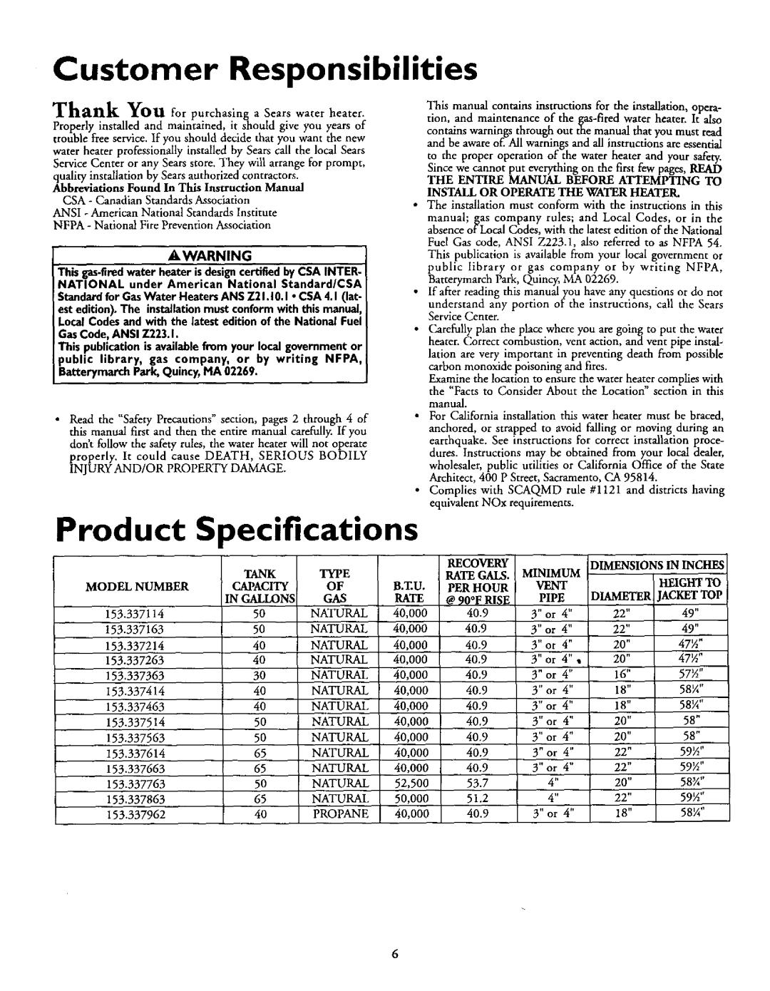 Kenmore 153.337763, 153.337863, 153.337963, 153.337962, 153.337463 Product Specifications, Customer Responsibilities 