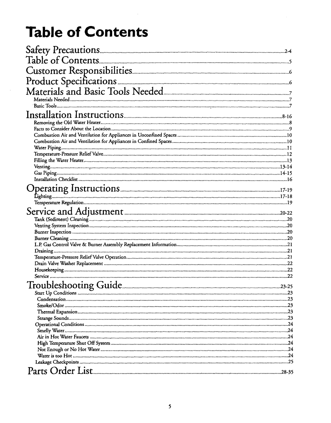 Kenmore 153.337514 Safety Precautions, Table of Contents, 23-25, 28-35, Customer, Product, Materials, Installation 