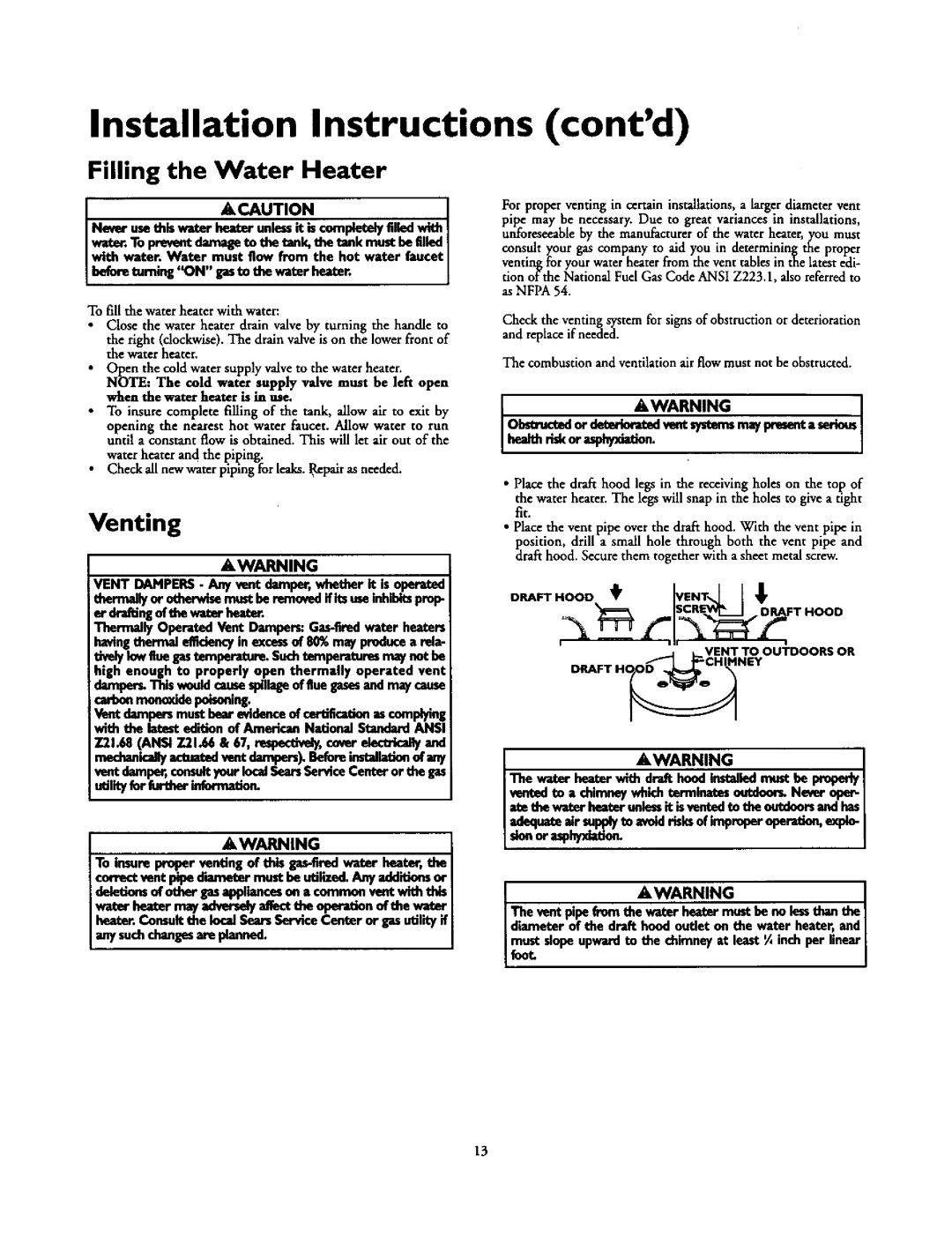 Kenmore 153.337862, 153.33796, 153.337562, 153.337362 Filling the Water Heater, Venting, Heaithriskor, Sionor asphyxon 