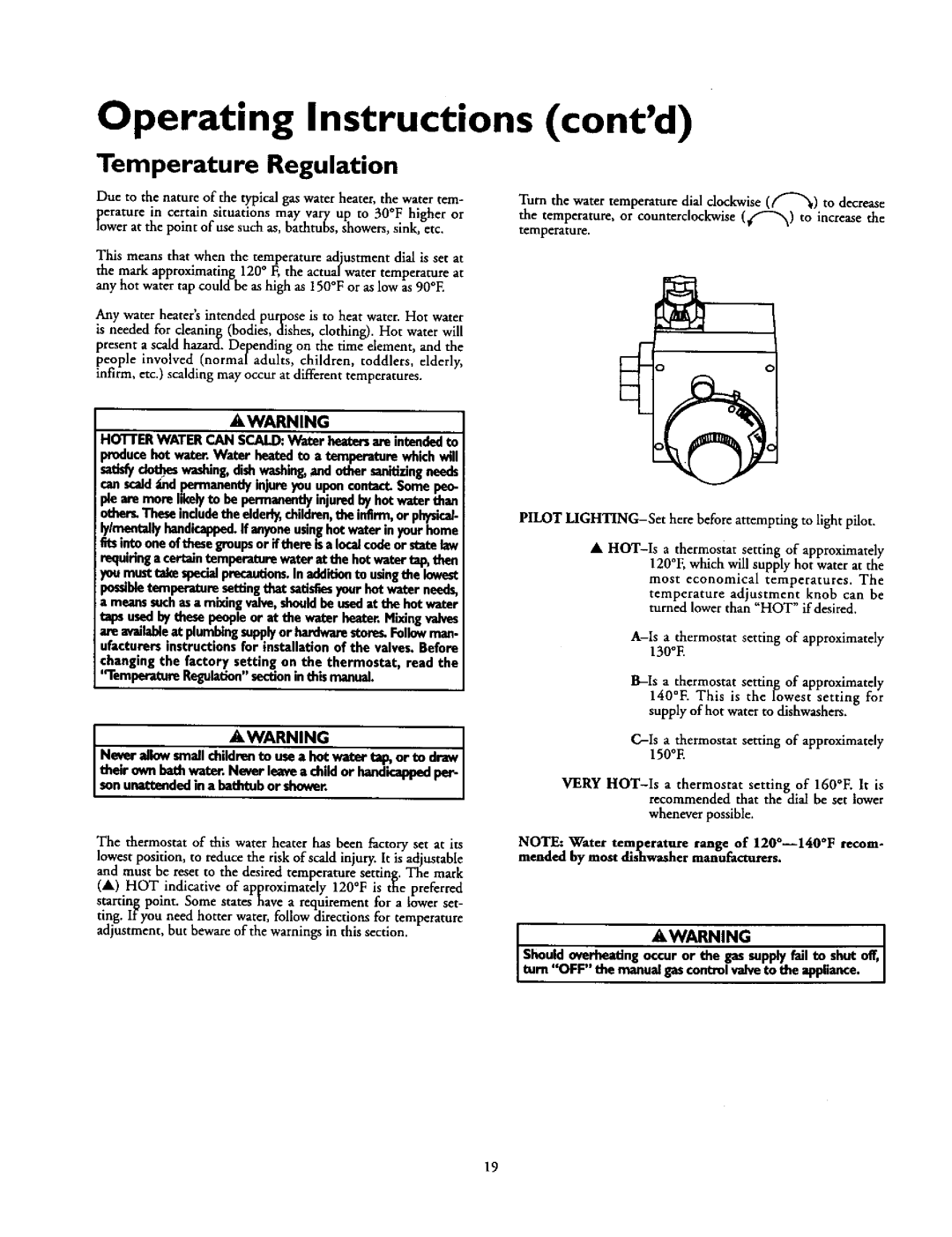 Kenmore 153.337213, 153.33796 Operating Instructions contd, Temperature Regulation, Sonunattendedn a bathtubor shower 