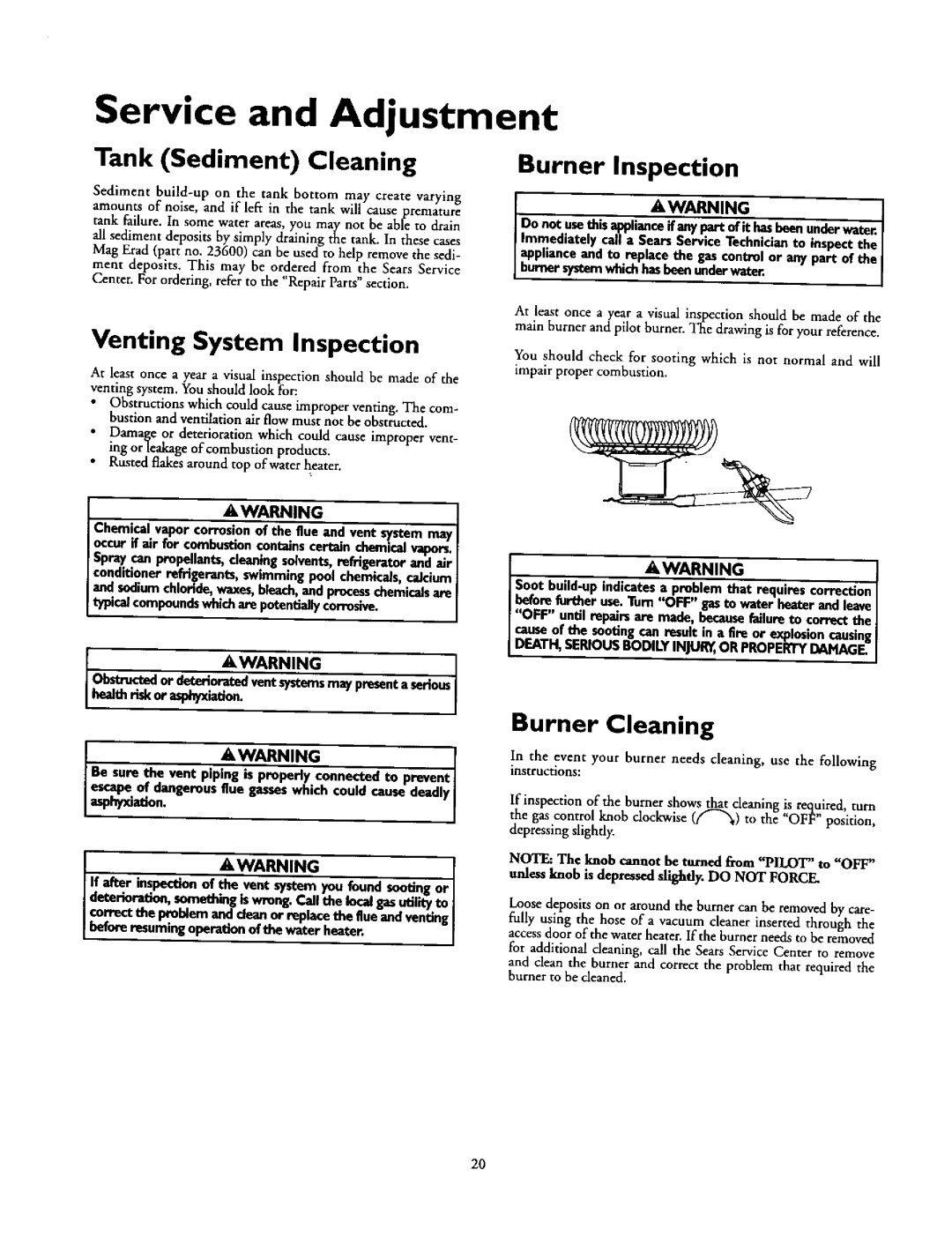 Kenmore 153.337462, 153.33796 Service and Adjustment, Tank Sediment Cleaning, Burner Inspection, Venting System Inspection 