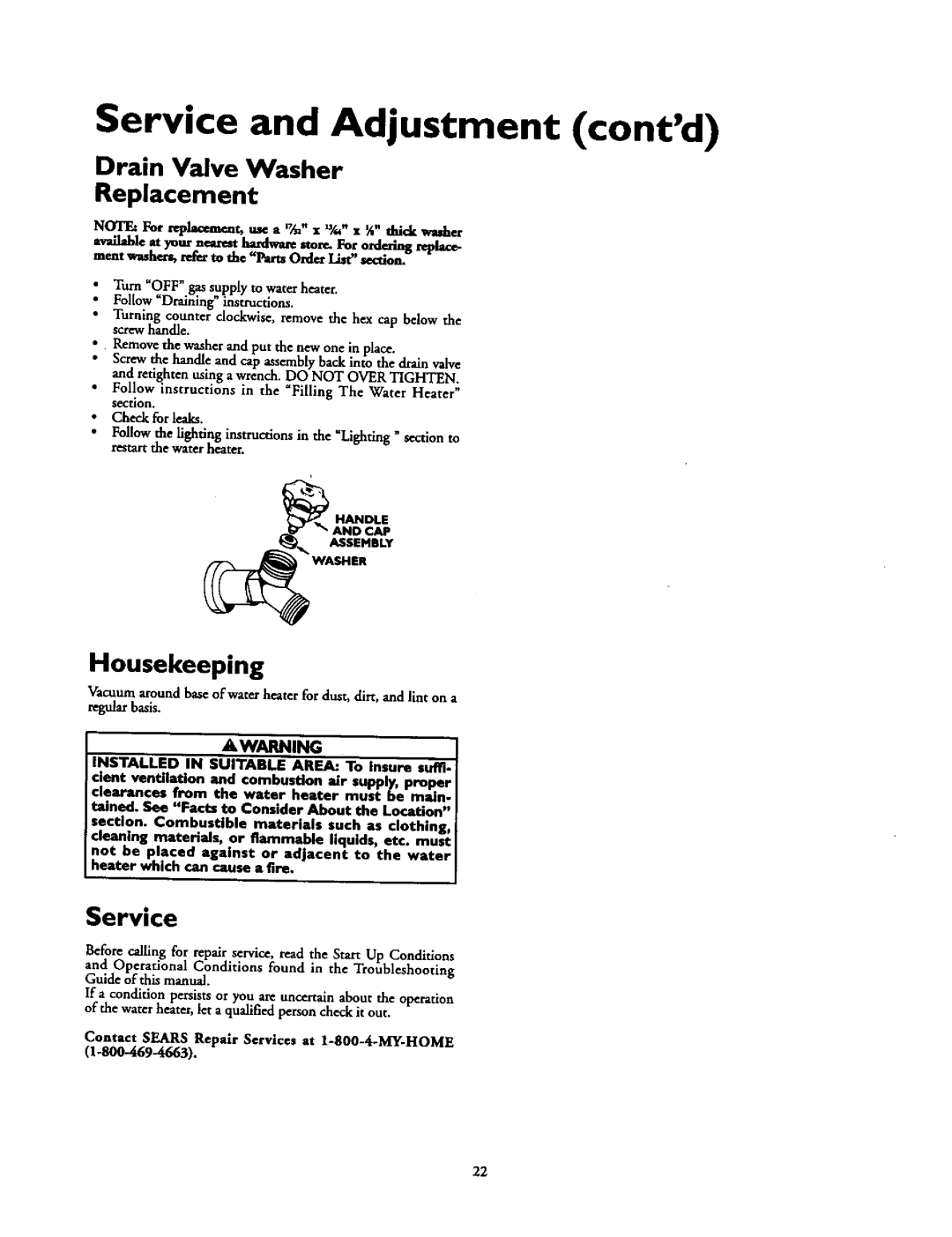 Kenmore 153.337113, 153.33796, 153.337862 Housekeeping, Follow instructions in the Filling The Water Heater section 