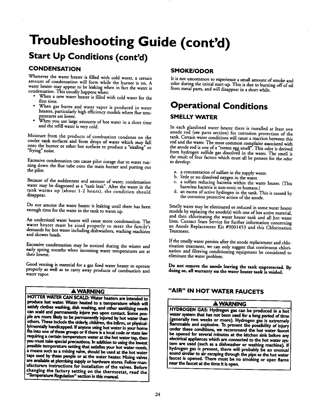 Kenmore 153.33796, 153.337862 Start Up Conditions contd, Condensationsmokeiodor, Smelly Water, AIR in HOT Water Faucets 