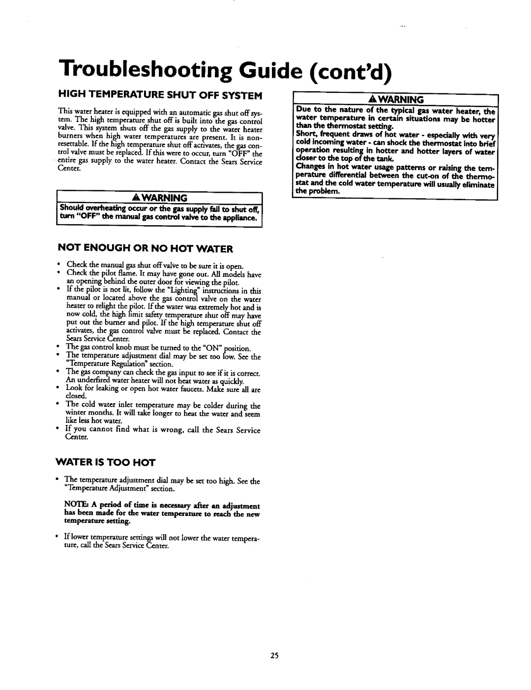 Kenmore 153.337862, 153.33796 Troubleshooting Guide contd, High Temperature Shut OFF System, Not Enough or no HOT Water 