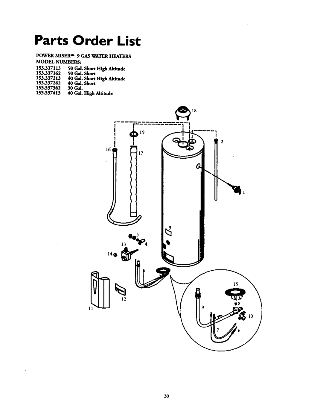 Kenmore 153.337513, 153.33796, 153.337862, 153.337562 Parts Order List, Power Miser TM 9 GAS Water Heaters Model Numbers 