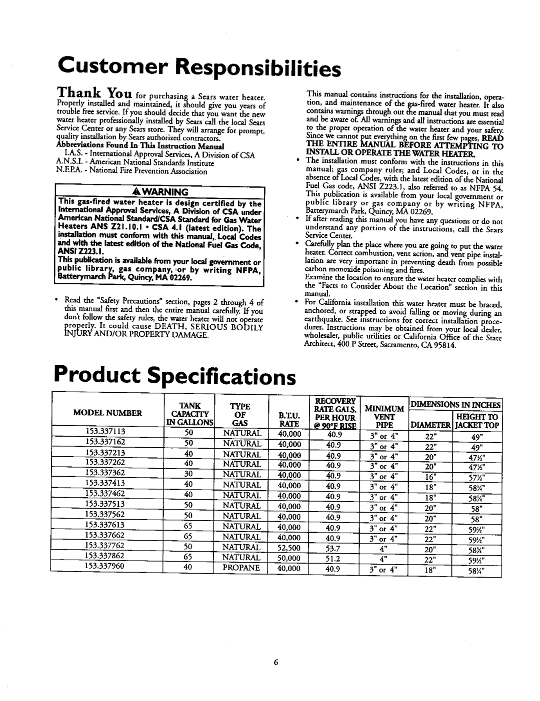 Kenmore 153.337513, 153.33796, 153.337862, 153.337562, 153.337362 Product Specifications, Customer Responsibilities, 59½, 58¼ 