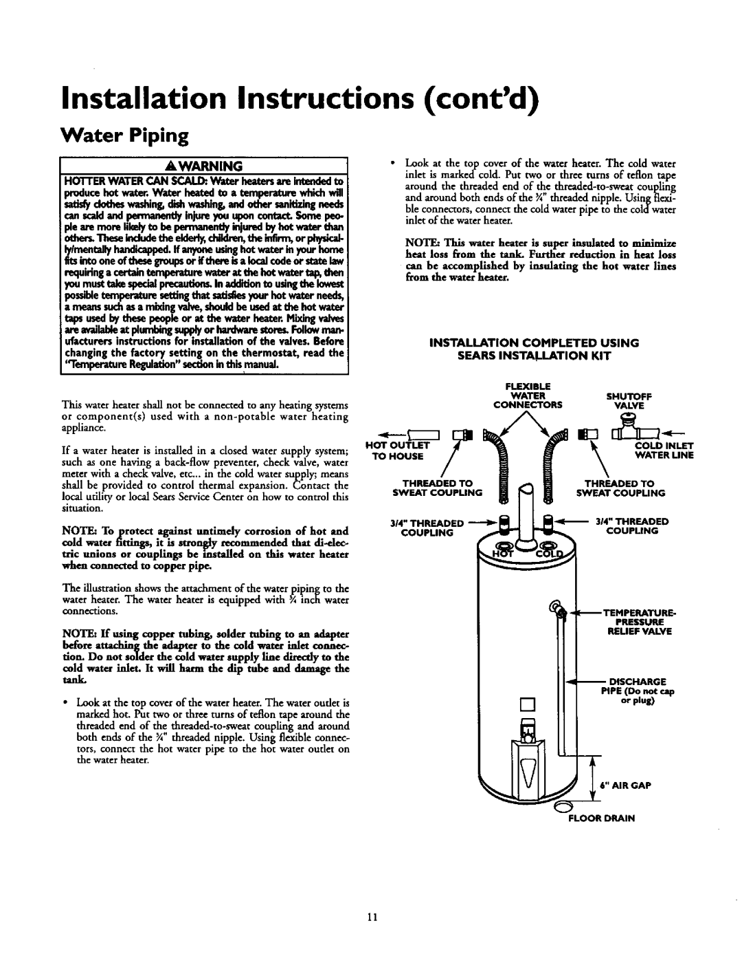 Kenmore 153.337662 Water Piping, HOVrERWATERCAN SCALD Water. heatersareintendedto, Installation Instructions contd 
