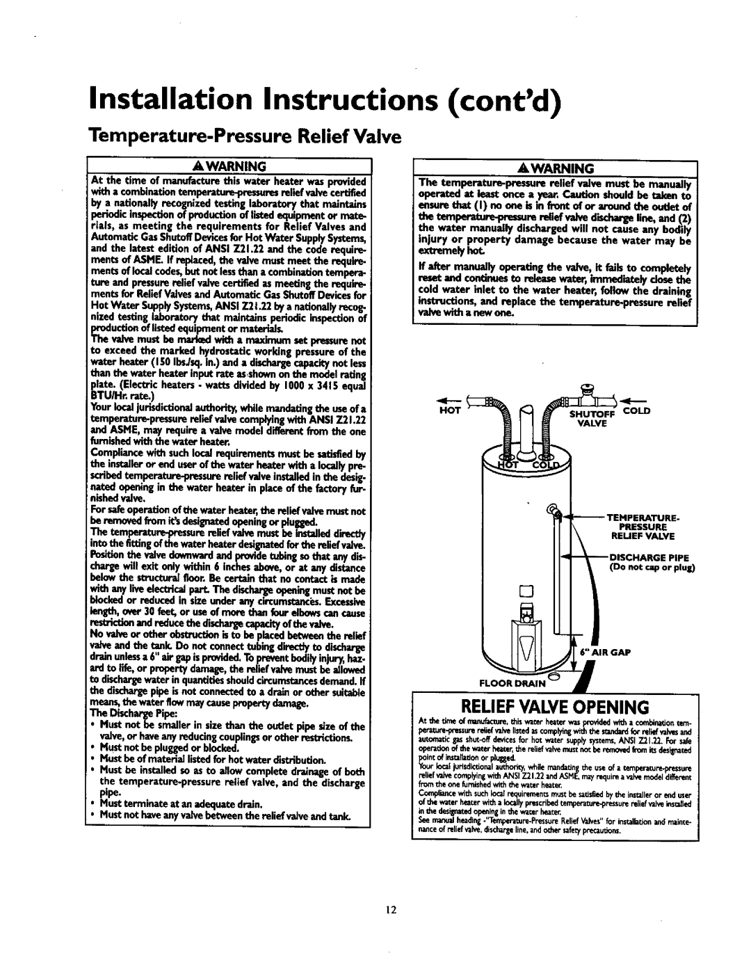 Kenmore 153.33796 Temperature-Pressure Relief Valve, A, Warning, Installation Instructions contd, Reliefvalveopening 