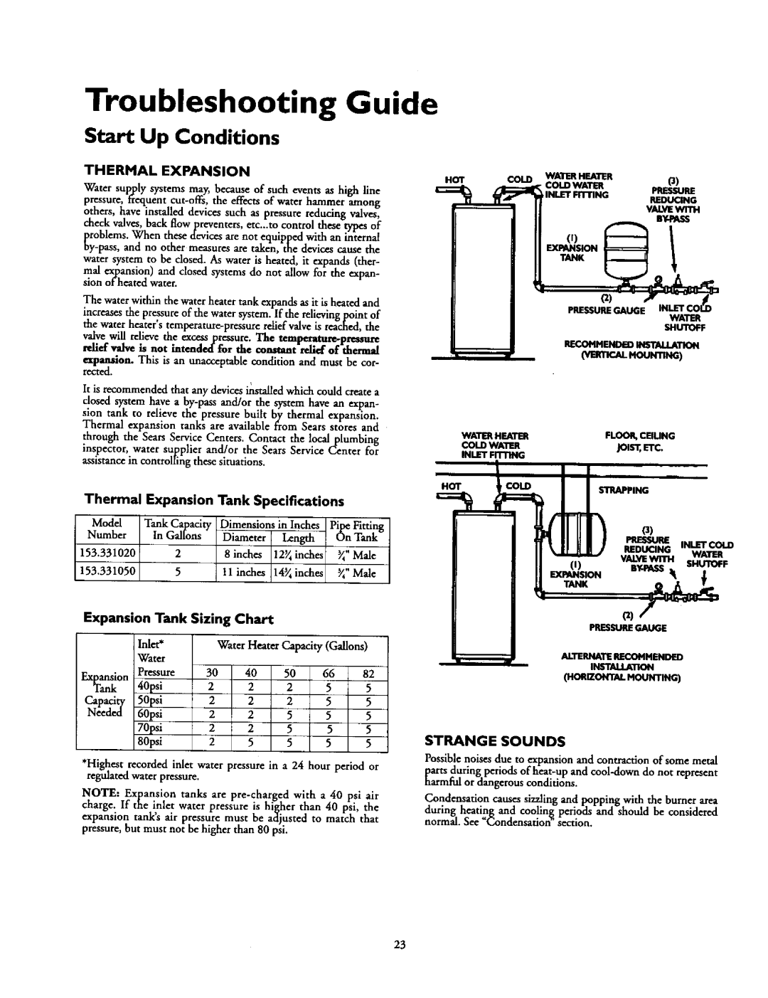 Kenmore 153.337662 Troubleshooting Guide, Start Up Conditions, Thermal Expansion Tank Specifications, Sizing, Chart 