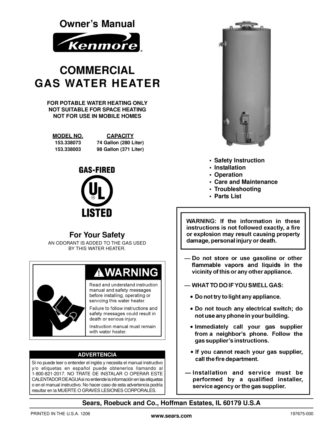 Kenmore 153.338073 owner manual Commercial GAS Water Heater, Sears, Roebuck and Co., Hoffman Estates, IL 60179 U.S.A 