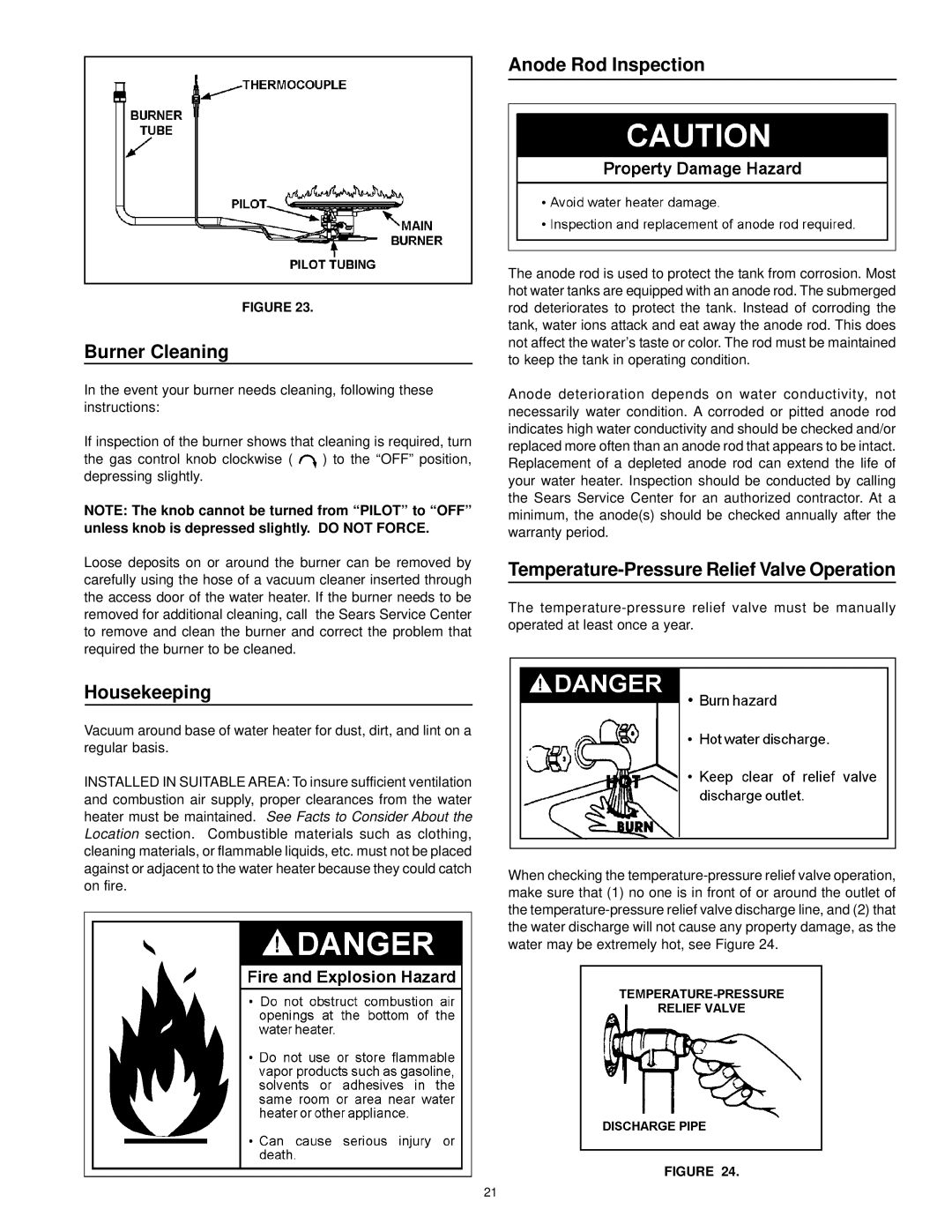 Kenmore 153.338073 Burner Cleaning, Anode Rod Inspection, Temperature-Pressure Relief Valve Operation, Housekeeping 