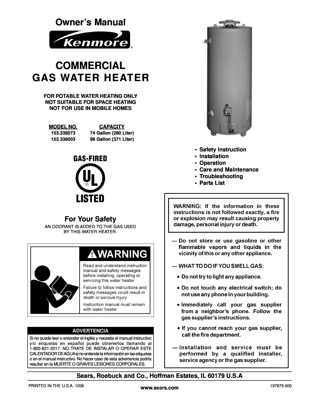 Kenmore 153.338073 owner manual For Your Safety, Commercial Gas Water Heater, Safety Instruction Installation Operation 