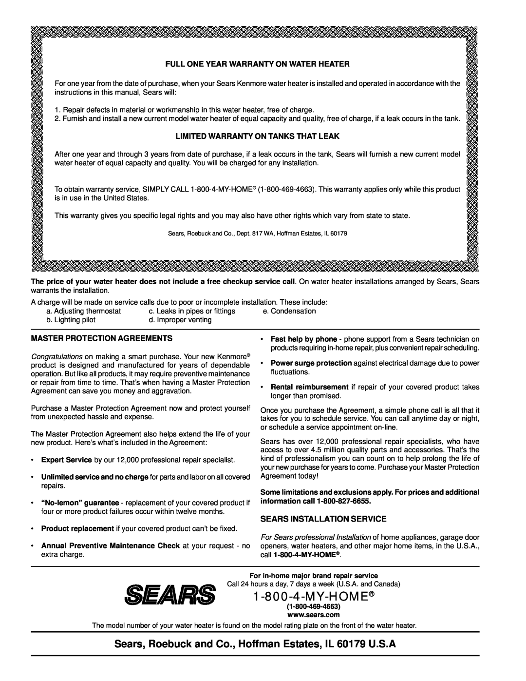 Kenmore 153.338003 Sears Installation Service, Full One Year Warranty On Water Heater, Limited Warranty On Tanks That Leak 