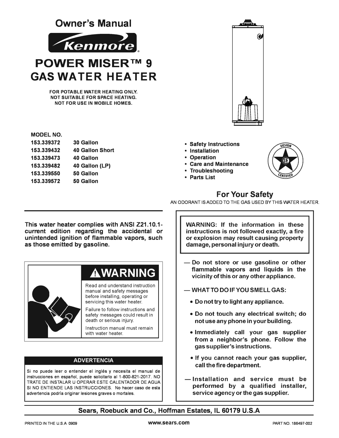 Kenmore 153.33955, 153.339572, 153.339473 owner manual For Your Safety, POWER MISER 9 GAS WATER HEATER, Advertencia 